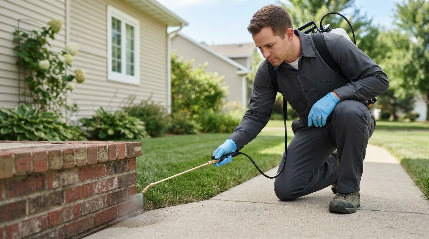 Pest control technician treating a home near Smithfield, IL