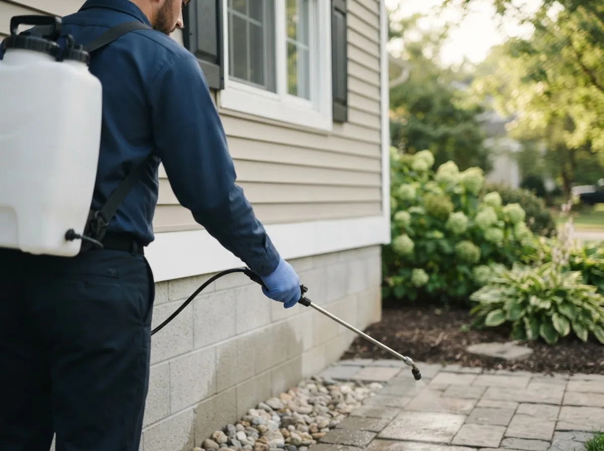 Pest control technician inspecting a home in Smithfield, IL